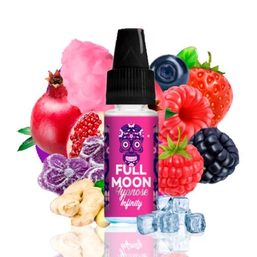 Frasco Full Moon Hypnose Infinity con etiqueta rosa y tapón negro, rodeado de frutas, flores violetas, algodón rosa y cubitos de hielo.