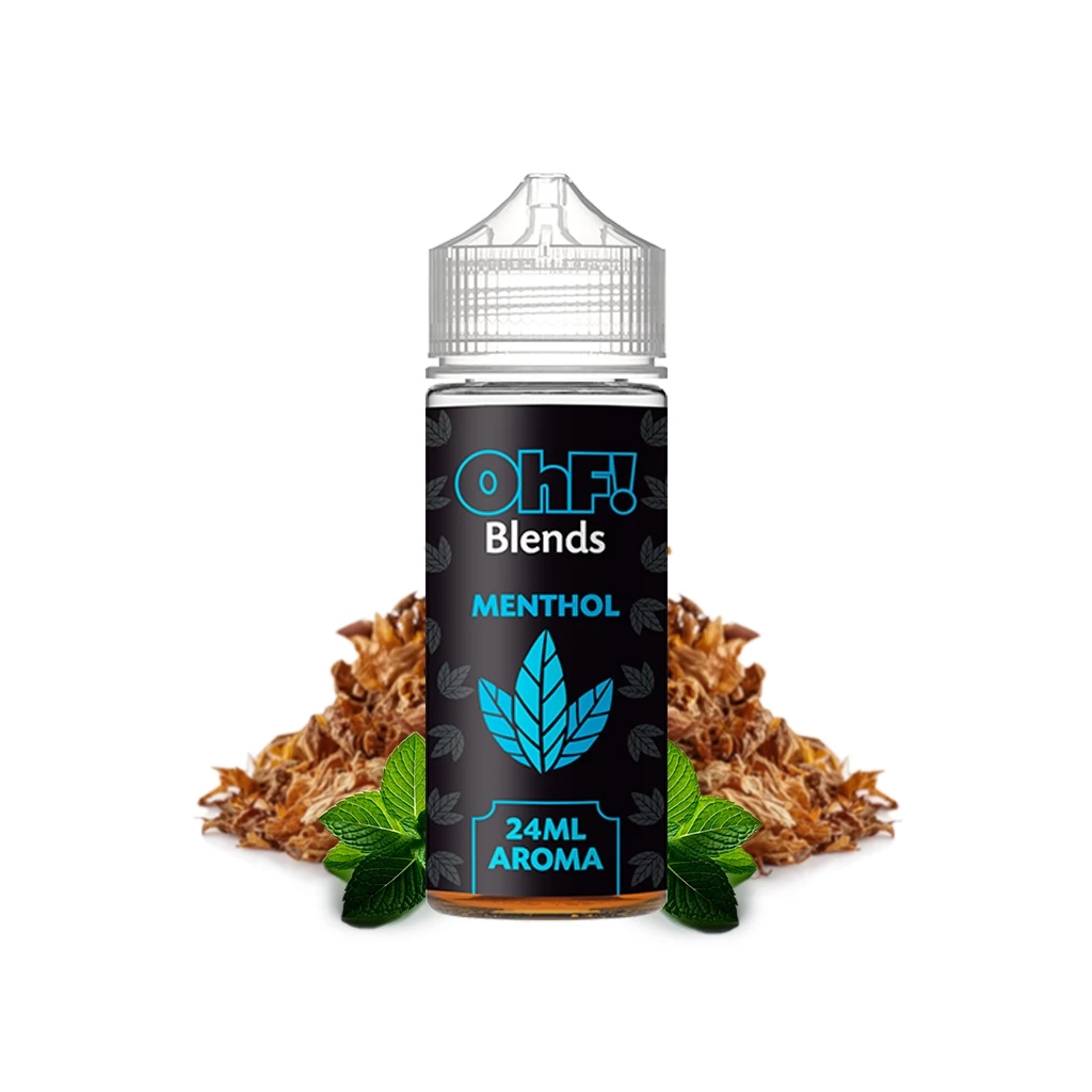Bote OhF Blends Menthol Longfill con etiqueta negra y azul, texto «24ML AROMA», hojas verdes y tabaco alrededor.