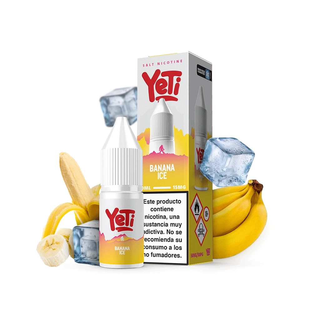 Frasco y caja de Yeti Banana Ice con diseño blanco y amarillo, rodeados de plátanos y cubitos de hielo; la caja incluye advertencias.