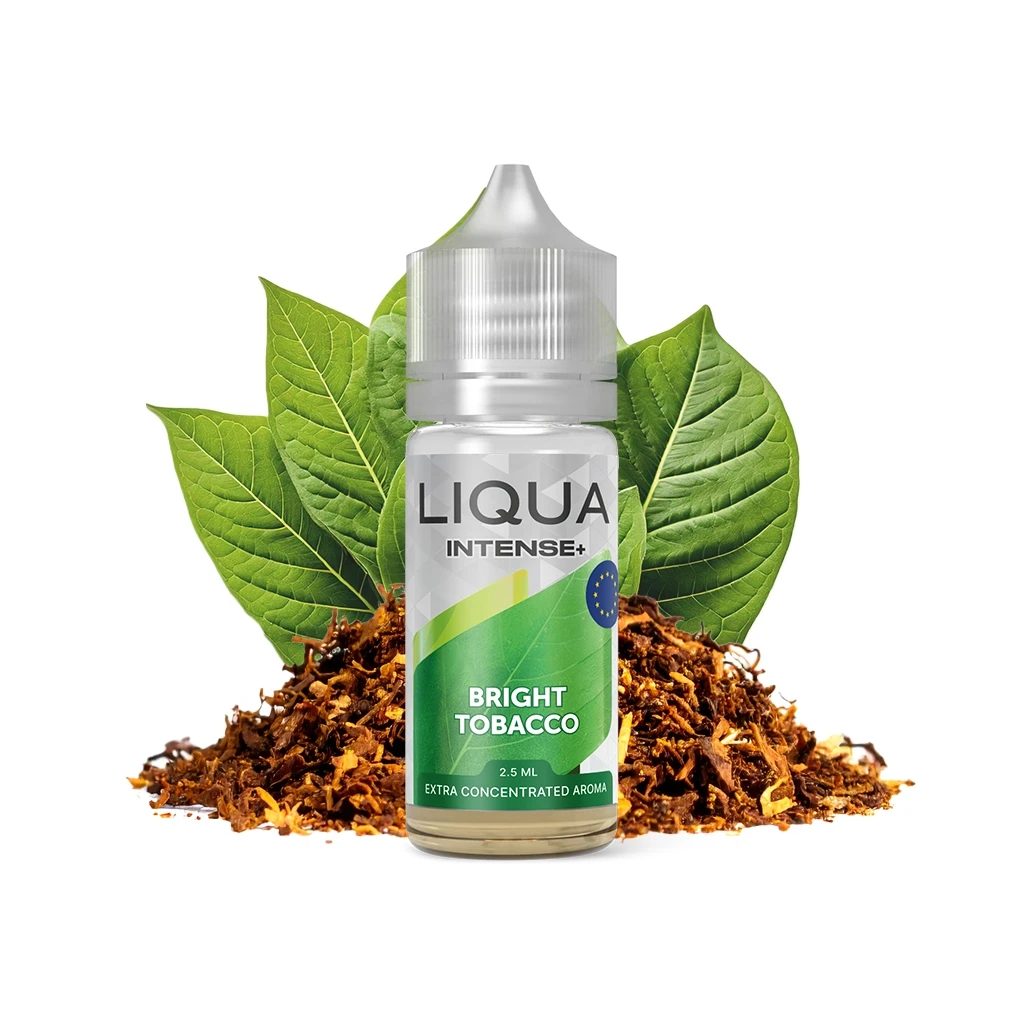 Frasco Liqua Intense Bright Tobacco con tapón translúcido y etiqueta verde, delante de hojas verdes y tabaco desmenuzado.