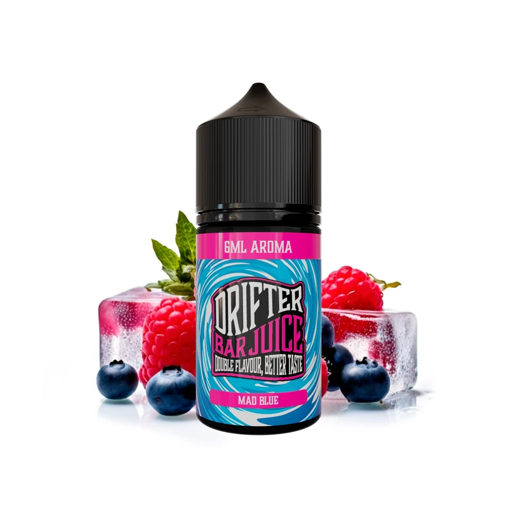 Frasco Drifter Bar Juice Mad Blue con tapón negro y etiqueta azul y rosa que indica 6 ml de aroma, rodeado de frutos rojos, arándanos y hielo.
