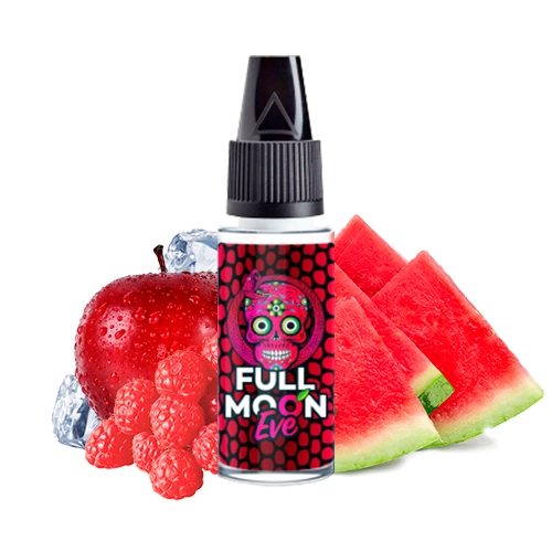 Frasco de Full Moon Eve con tapón negro y etiqueta de calavera rosa, rodeado de manzana roja, frambuesas, sandía y cubitos de hielo.