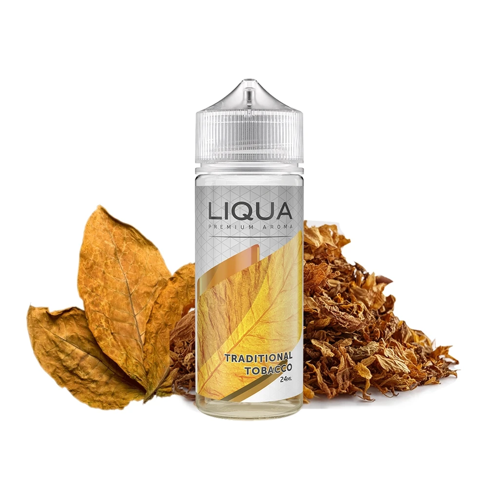 Frasco de Liqua Traditional Tobacco con tapón transparente y etiqueta de 24 ml, delante de hojas secas y tabaco picado.