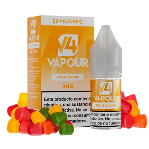 Frasco y caja naranja de Fruit Salad de V4 Vapour, con etiquetas de 3 mg y 50VG/50PG, rodeados de golosinas de colores.