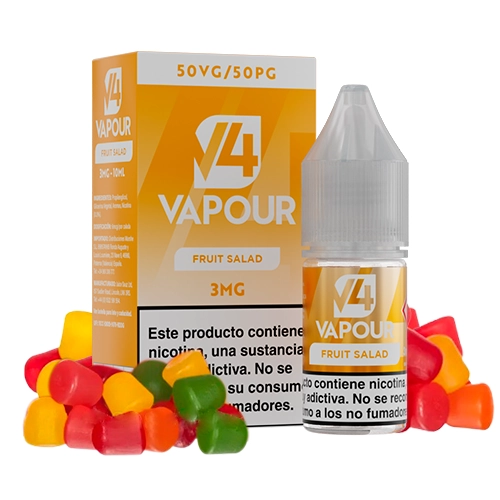 Frasco y caja naranja de Fruit Salad de V4 Vapour, con etiquetas de 3 mg y 50VG/50PG, rodeados de golosinas de colores.
