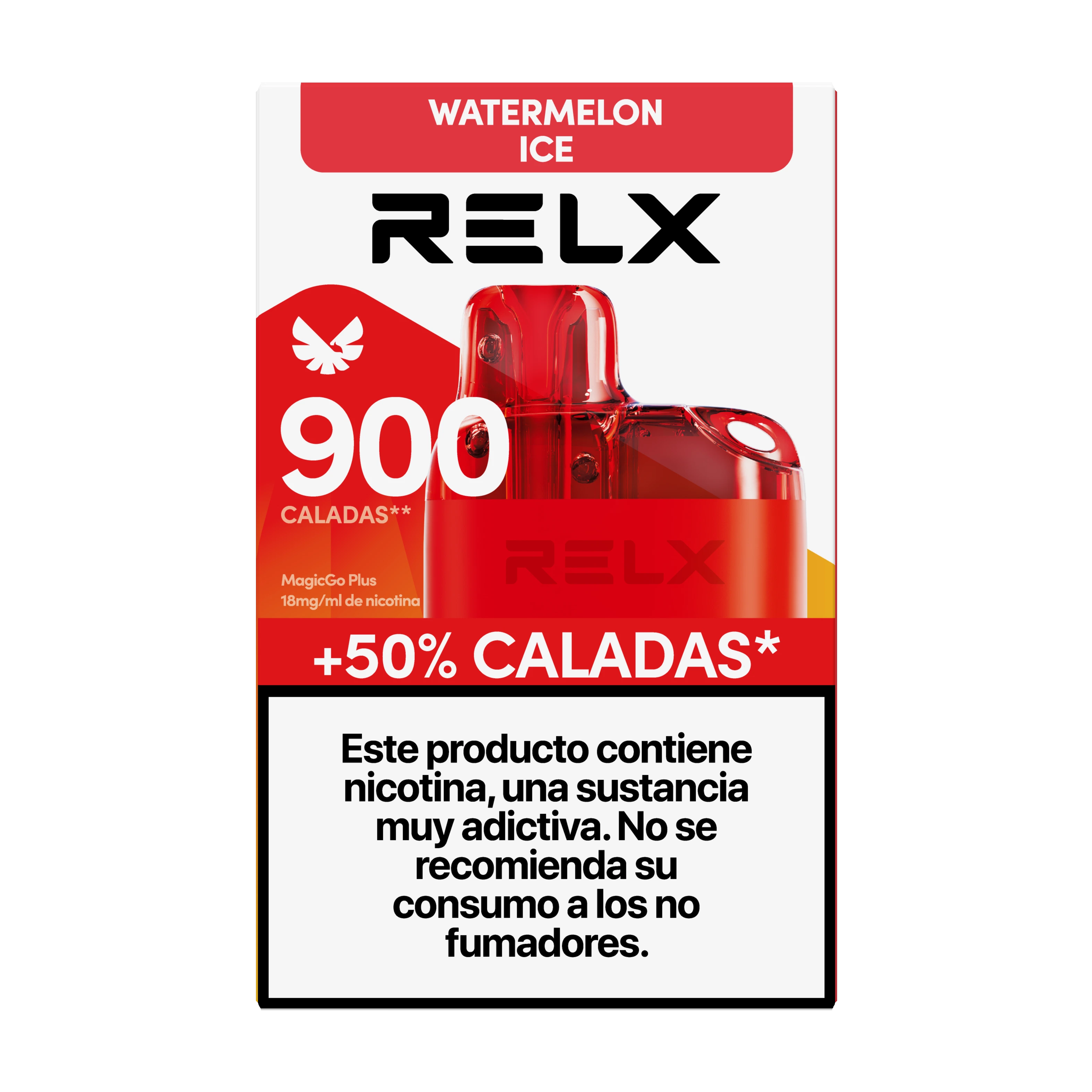 Envase de RELX MagicGo Plus Watermelon Ice con dispositivo rojo ilustrado, indicación de 900 caladas y advertencia sobre nicotina.
