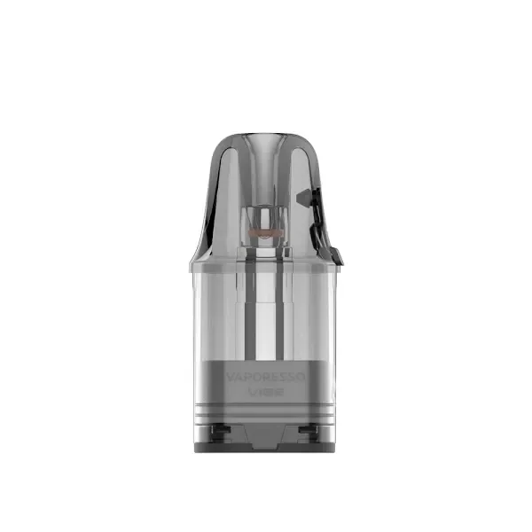 Pod de repuesto Vaporesso Vibe SE 2 en vista frontal, con depósito transparente gris, boquilla oscura y componentes interiores visibles.