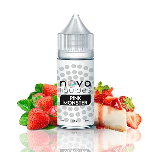 Frasco Nova Liquides Pink Monster con tapón plateado y etiqueta de lunares, acompañado de fresas y una porción de tarta.