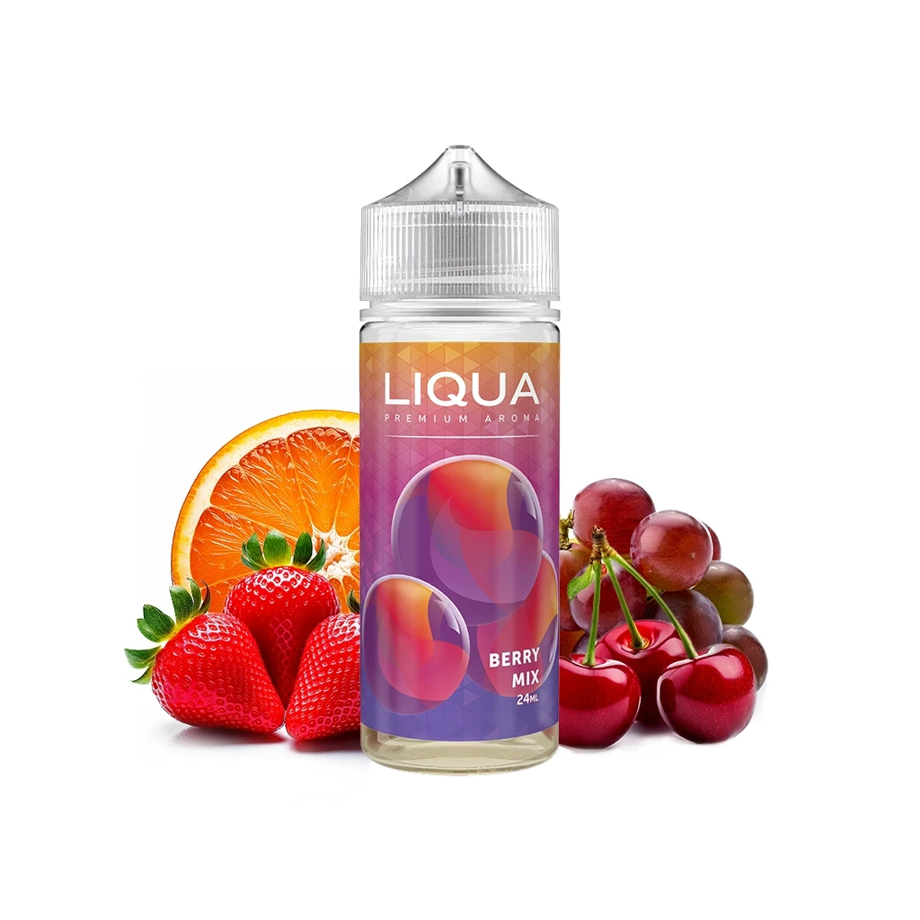 Frasco Liqua Berry Mix de 24 ml con etiqueta rosa y morada y tapón transparente, rodeado de fresas, uvas, cerezas y media naranja.