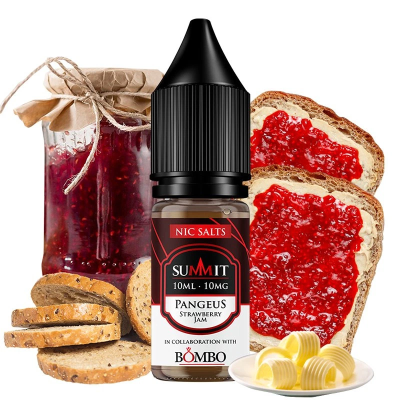 Frasco Pangeus de Summit y Bombo con tapón negro, junto a un tarro de mermelada, pan untado y mantequilla; la etiqueta indica 10 mg.