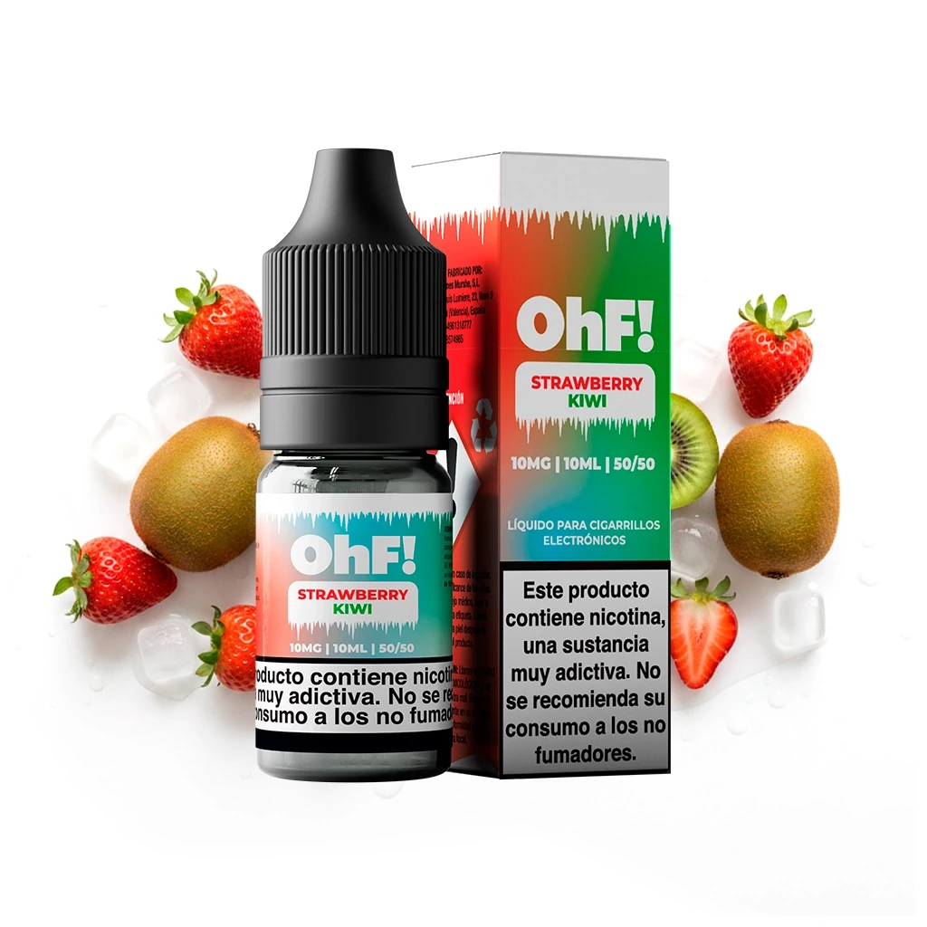 Frasco y caja de OhF! Strawberry Kiwi, con indicaciones de 10 mg, 10 ml y 50/50, rodeados de fresas, kiwis y cubitos de hielo.