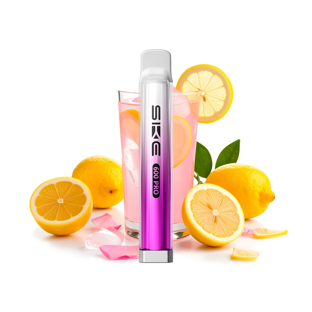 Vapeador Ske Crystal 600 Pro Pink Lemonade con cuerpo plateado y rosa, ante un vaso de bebida rosa con hielo y limones. Vapeador Ske Crystal 600 Pro Pink Lemonade con cuerpo plateado y rosa, ante un vaso de bebida rosa con hielo y limones.