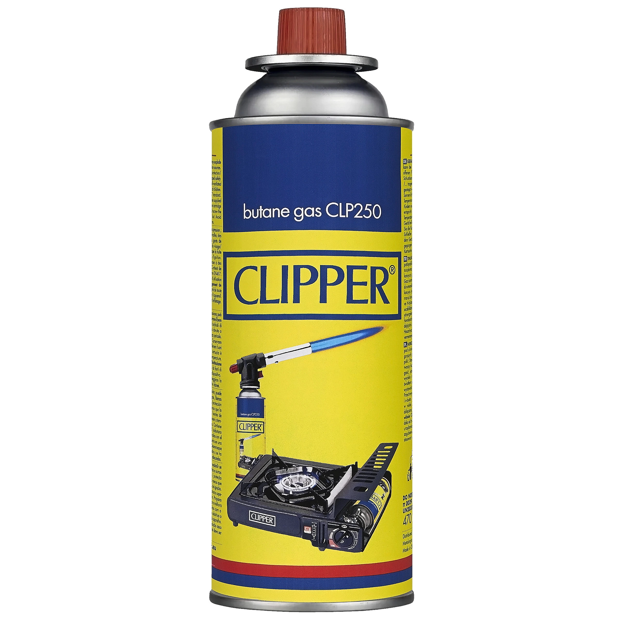 Cartucho de gas butano Clipper CLP250 con etiqueta amarilla y azul, tapón rojo e ilustraciones de un soplete y un hornillo.