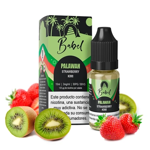 Frasco de e-líquido Babel Palawah con tapón negro y caja verde, rodeado de fresas y kiwis cortados sobre fondo blanco.