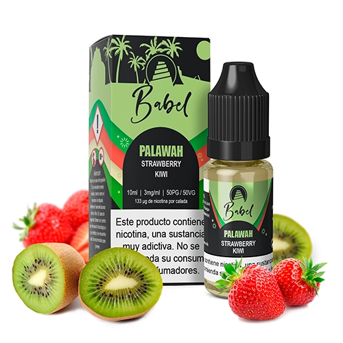 Frasco de e-líquido Babel Palawah con tapón negro y caja verde, rodeado de fresas y kiwis cortados sobre fondo blanco.