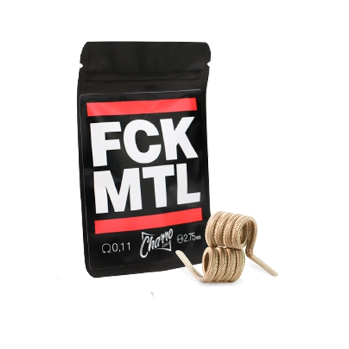 Resistencias de alambre enrollado junto a una bolsa negra Charro Coils FCK MTL, con franjas rojas y letras blancas.