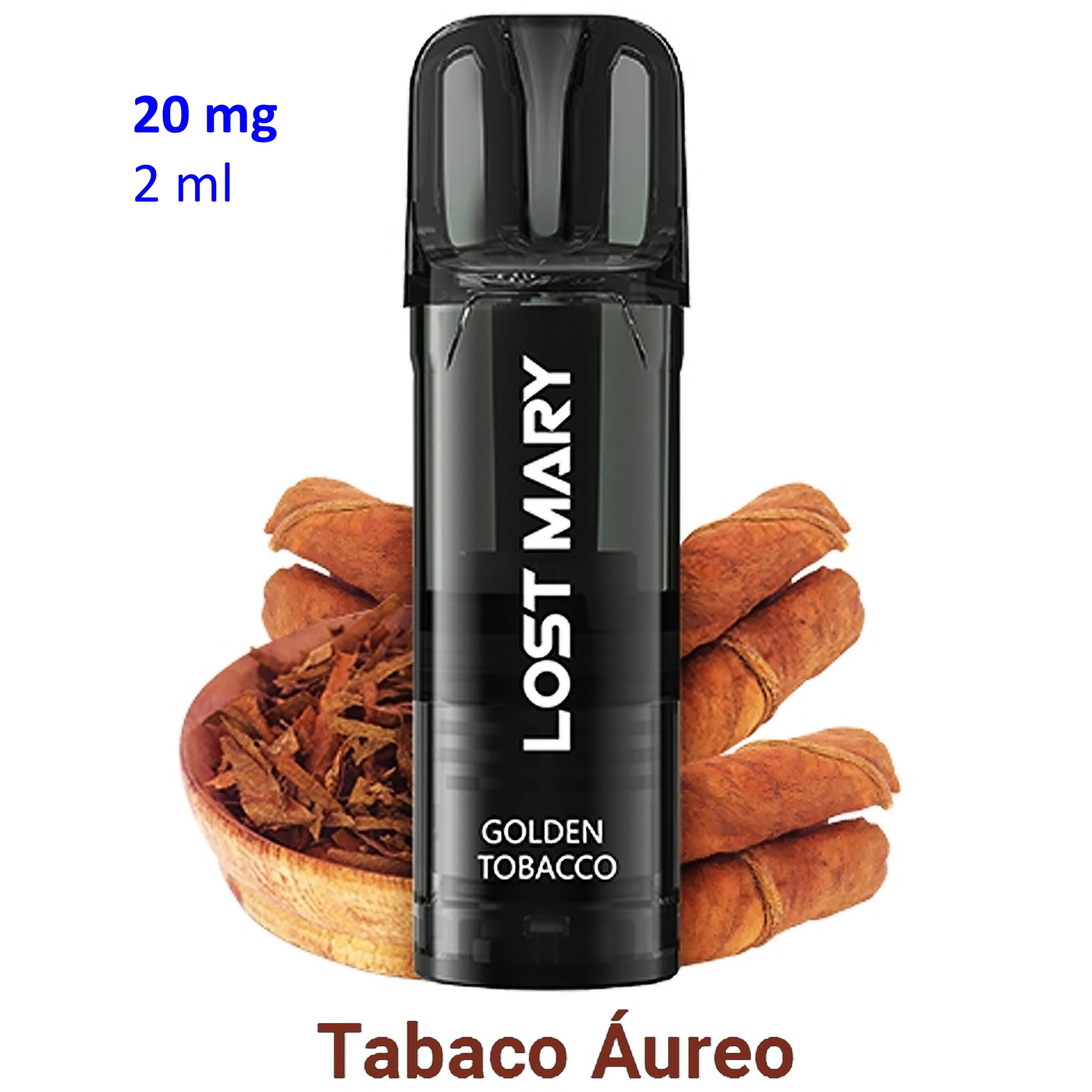 Pod negro Lost Mary Golden Tobacco delante de hojas de tabaco, con las indicaciones 20 mg, 2 ml y el texto «Tabaco Áureo».