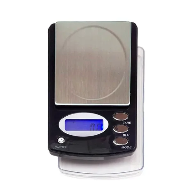 Báscula digital USA Weight California 600 con cuerpo negro, plataforma plateada, pantalla azul y tapa transparente bajo la base.