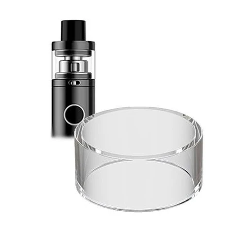 Voopoo PnP 22 AIO Glass: cilindro transparente en primer plano, con un vapeador negro al fondo sobre una superficie blanca.