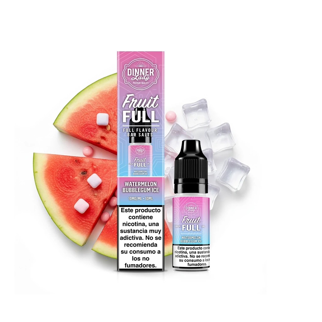 Dinner Lady Fruit Full Watermelon Bubblegum Ice en caja y frasco de 10 ml, junto a sandía, caramelos y cubitos de hielo.