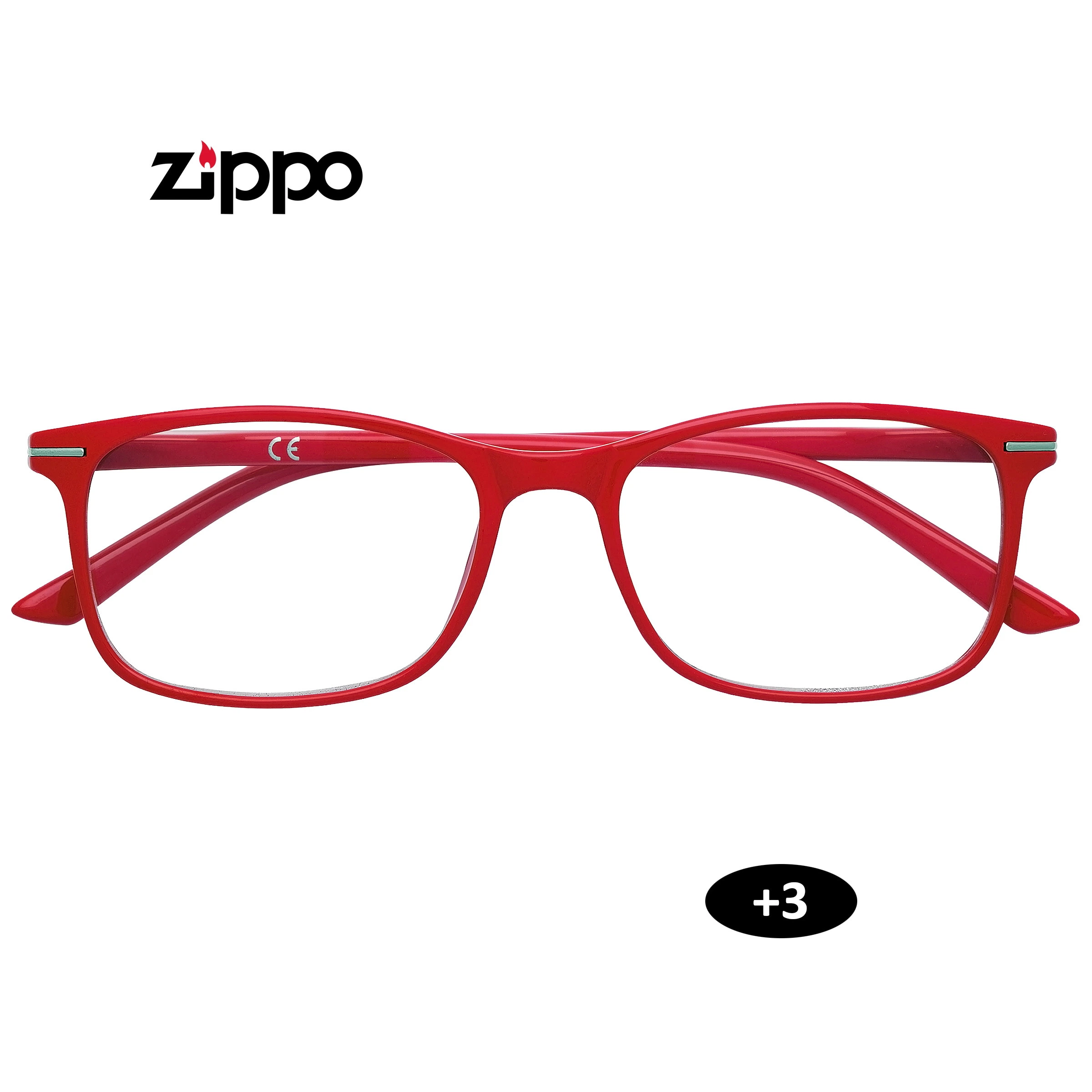 Gafas de lectura Zippo de montura roja rectangular, vistas de frente con las patillas plegadas y la indicación +3.