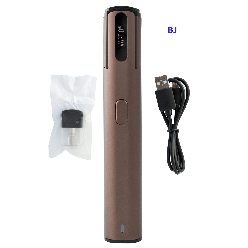 Vaptio SPIN IT marrón en posición vertical, con botón frontal, acompañado de un cable USB negro y un recambio en bolsa transparente.