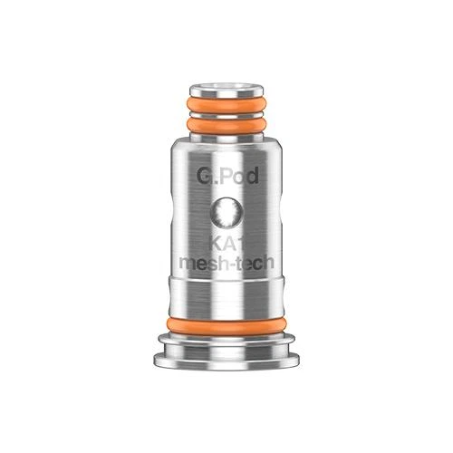 Resistencia Geekvape Aegis Pod plateada con juntas naranjas, orificio lateral y las inscripciones G.Pod y KA1 mesh-tech.