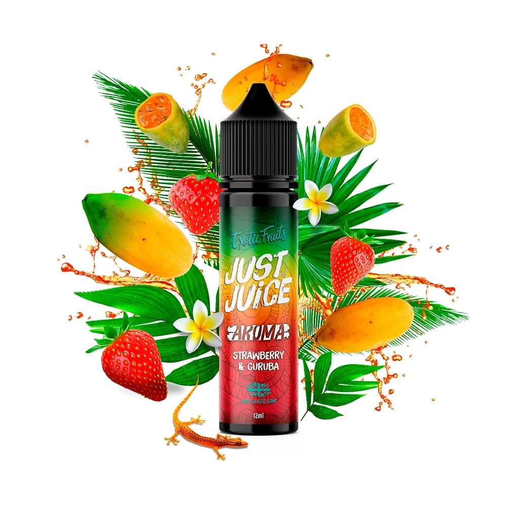 Bote Just Juice Strawberry & Curuba de 12 ml con tapón negro, rodeado de fresas, curubas, hojas verdes y salpicaduras naranjas.