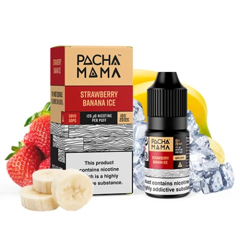 Frasco y caja de Pachamama Strawberry Banana Ice, con fresas, rodajas de plátano y cubitos de hielo sobre fondo blanco.
