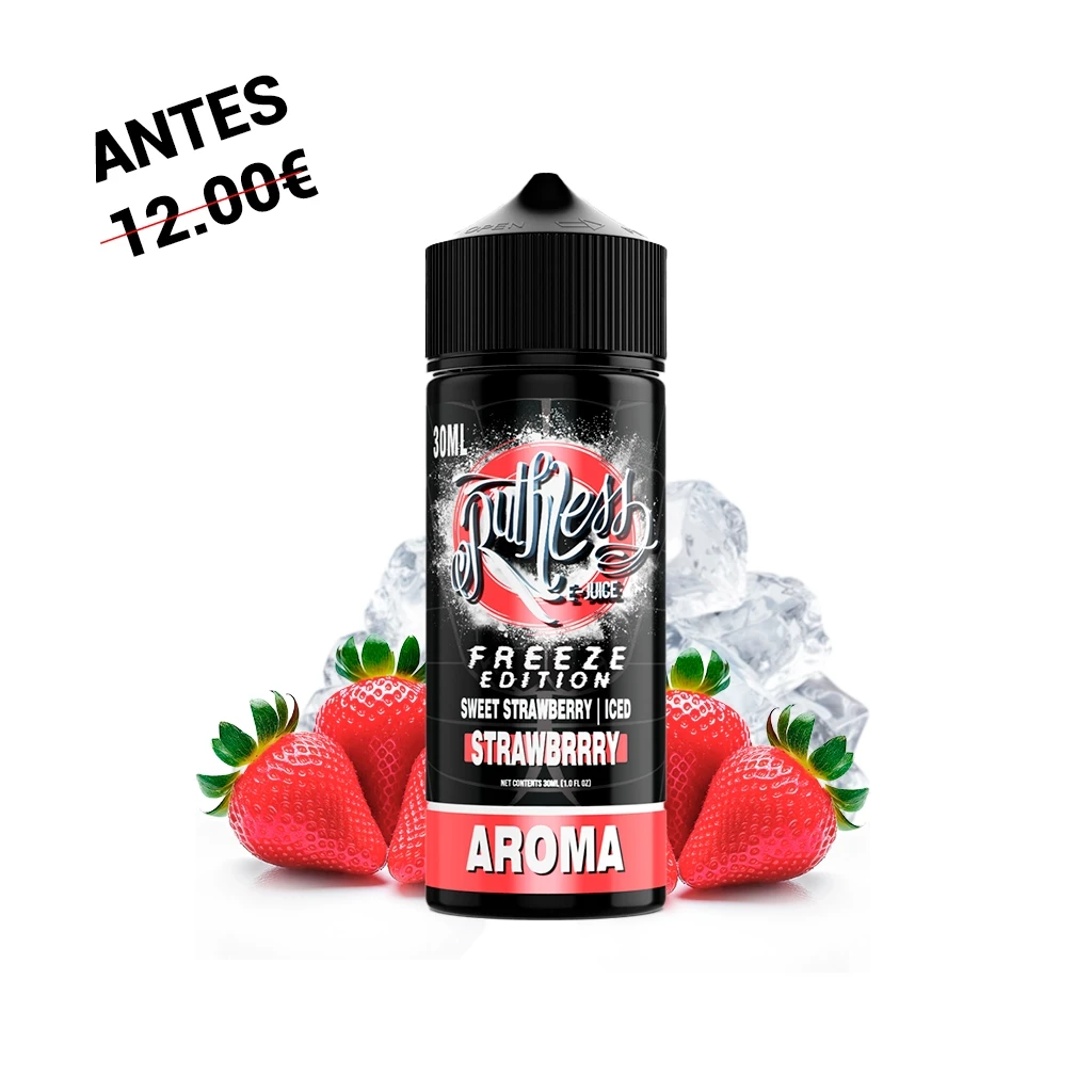 Frasco negro de Ruthless Freeze Edition Strawbrry, con etiqueta roja y la palabra «Aroma», rodeado de fresas y cubitos de hielo.
