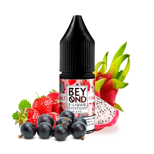Frasco de Beyond Salts Dragonberry Blend con tapón negro y etiqueta rosa, acompañado de fresas, grosellas negras y pitahaya cortada.
