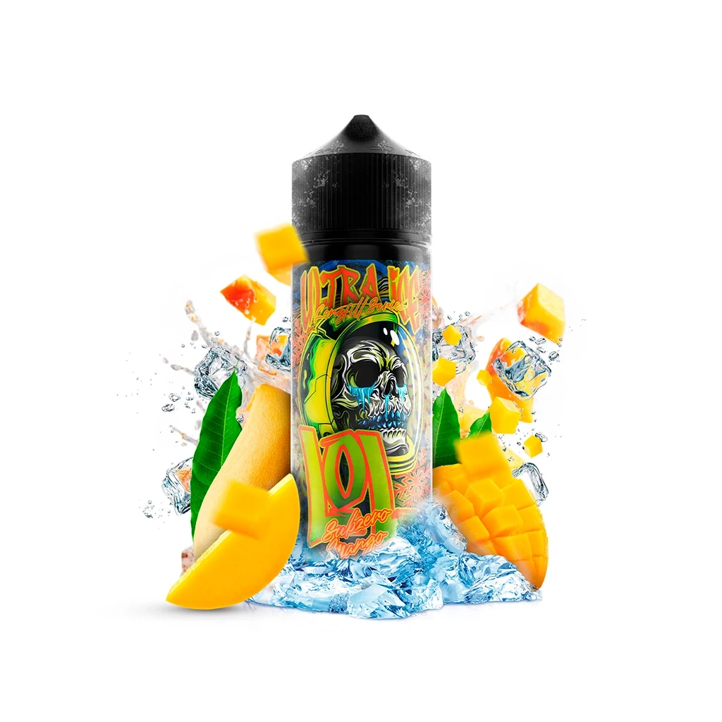 Bote de LOL Ultra Ice Subzero Mango con tapón negro y etiqueta de calavera, rodeado de mango, hojas verdes, hielo y salpicaduras.