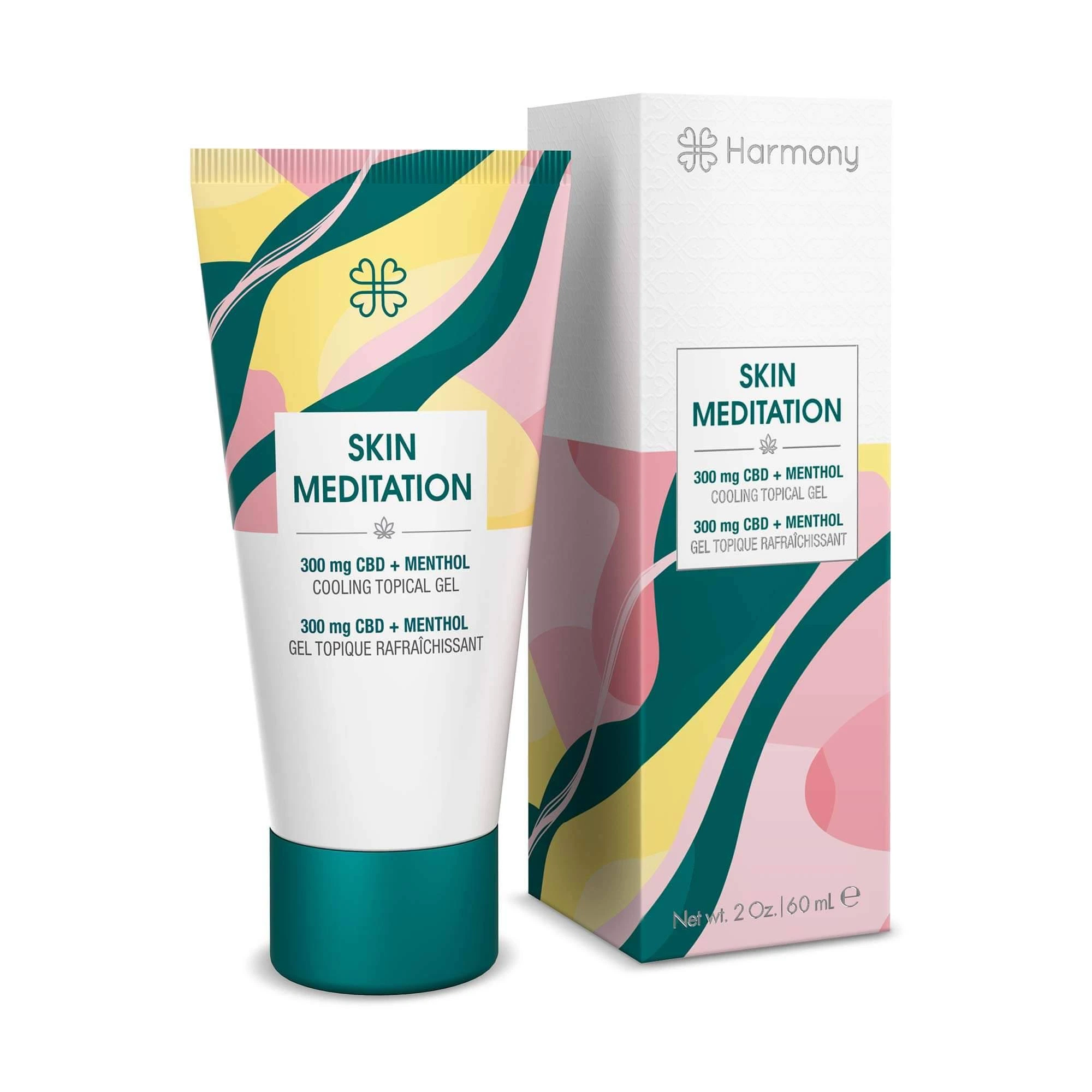 Tubo y caja de gel Skin Meditation Harmony de 60 ml, con diseño verde, rosa y amarillo y etiqueta de 300 mg de CBD más mentol.