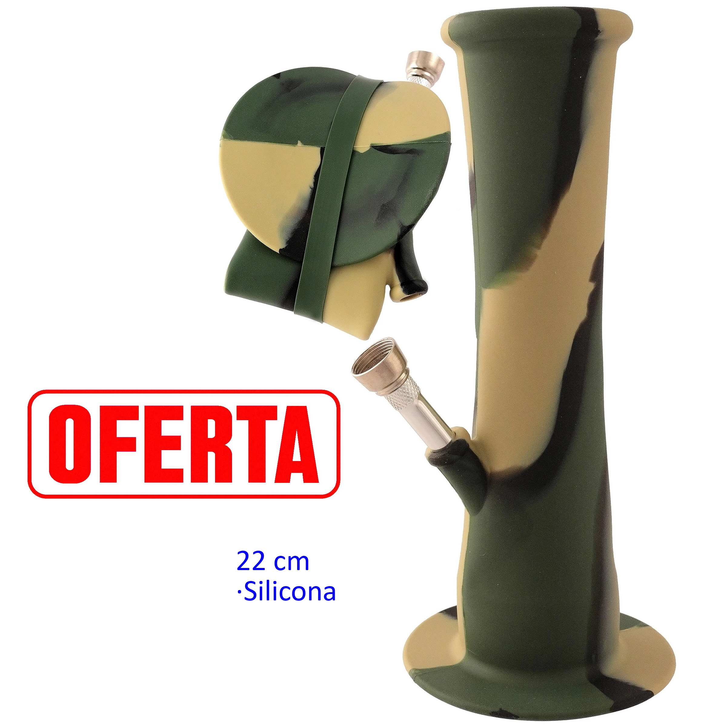 Bong de camuflaje verde, beige y negro, mostrado desplegado y plegado, con base circular y cazoleta metálica sobre fondo blanco.