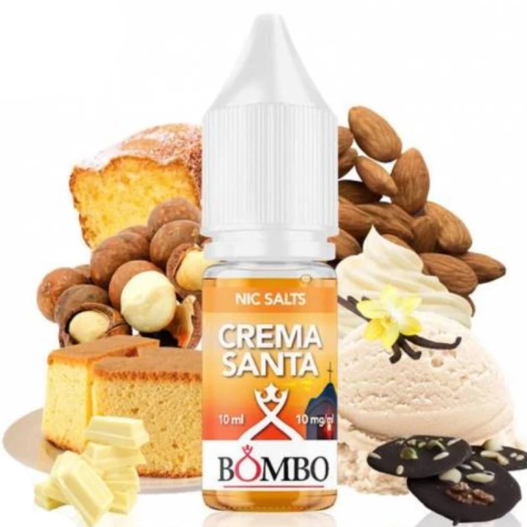 Frasco de Crema Santa Bombo Nic Salts con tapón blanco, rodeado de repostería, frutos secos, chocolate blanco y una bola de helado.