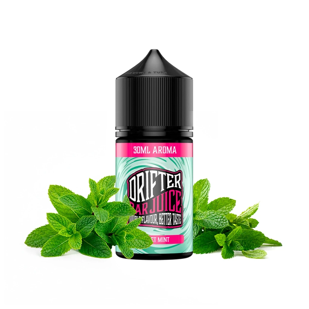 Frasco Drifter Sweet Mint con tapón negro, etiqueta verde y rosa de 30 ml, rodeado de hojas de menta sobre fondo blanco.