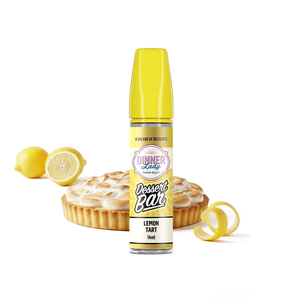Frasco Dinner Lady Dessert Bar Lemon Tart de 14 ml con tapón amarillo, ante una tarta, limones y una espiral de piel de limón.