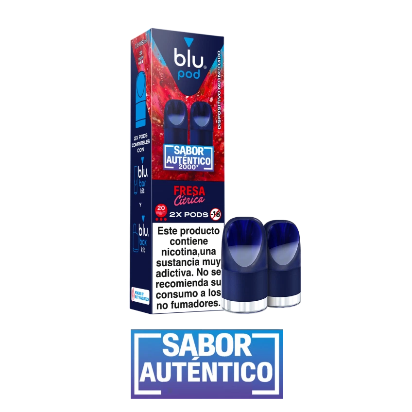 Caja de pods Blu Fresa Cítrica con recambios azules delante, advertencia sobre nicotina y rótulo «Sabor auténtico» sobre fondo negro.