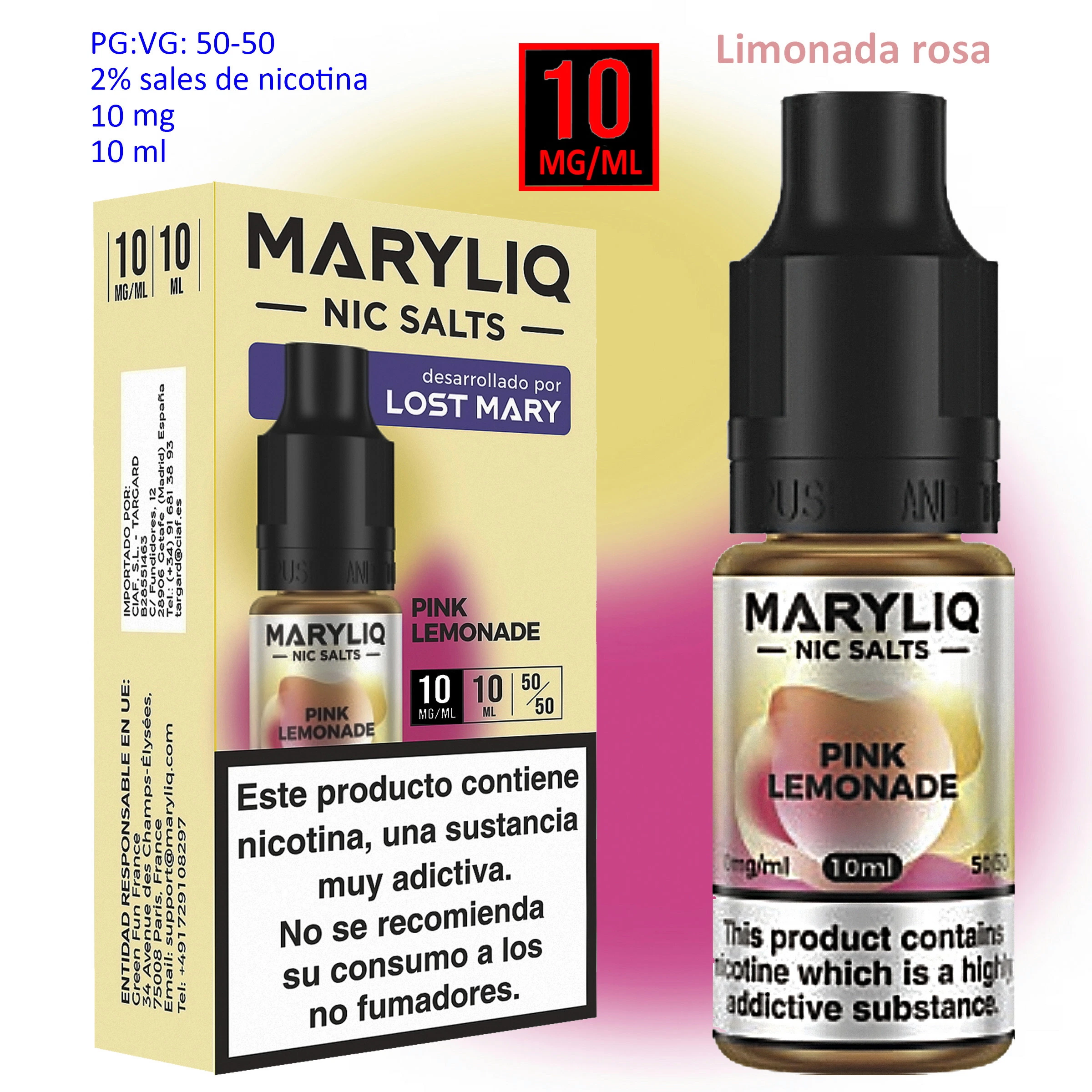 Frasco y caja de MARYLIQ Pink Lemonade con tapón negro, tonos amarillos y rosas, etiquetas de 10 mg/ml y 10 ml y advertencias sobre nicotina.