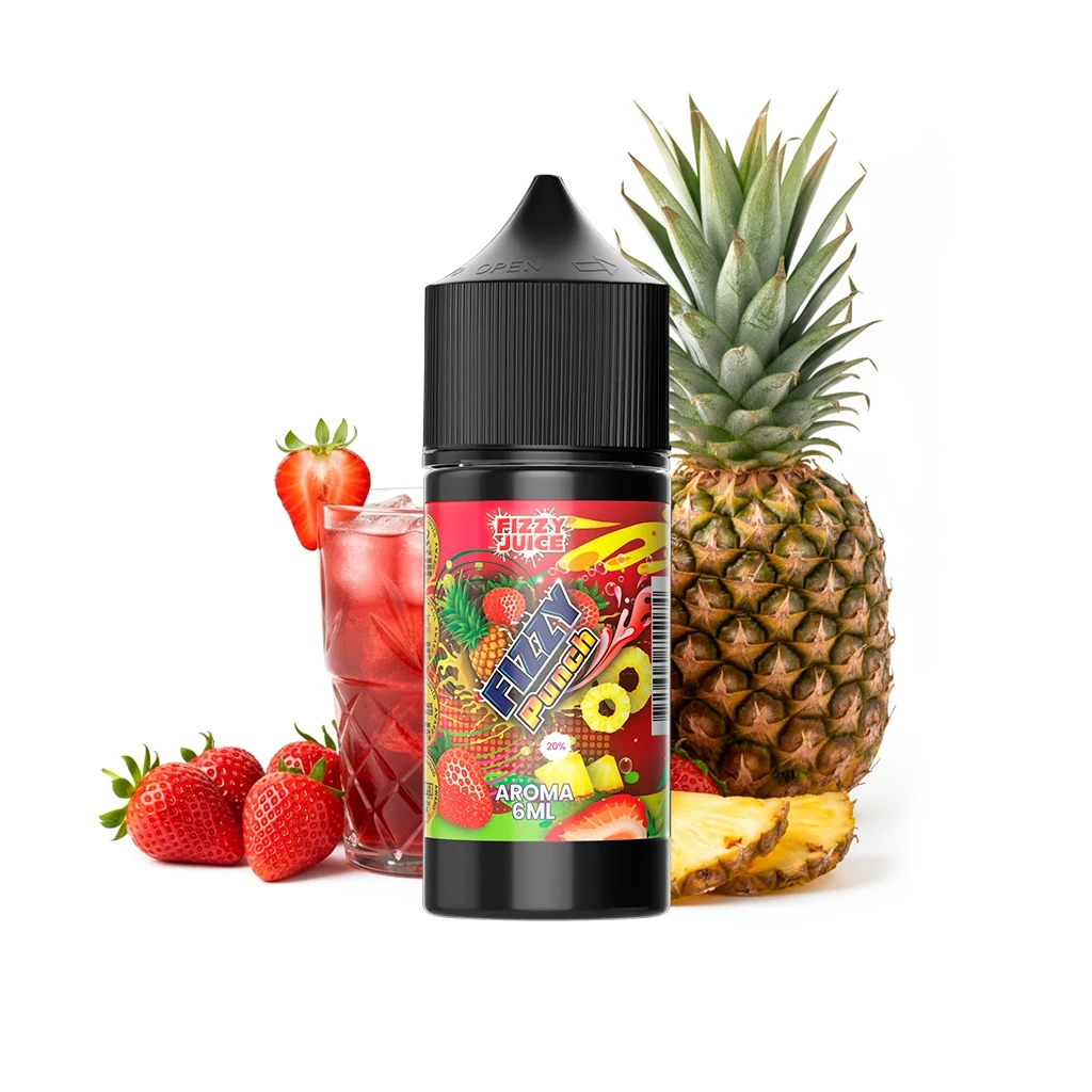 Frasco negro de Fizzy Juice Punch de 6 ml, con etiqueta multicolor, rodeado de fresas, una piña y un vaso de bebida roja con hielo.
