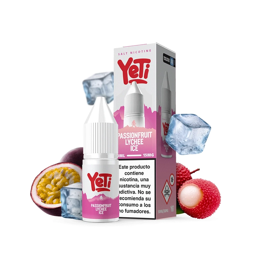 Frasco Yeti Passionfruit Lychee Ice junto a su caja blanca y rosa, rodeado de maracuyá, lichis y cubitos de hielo.