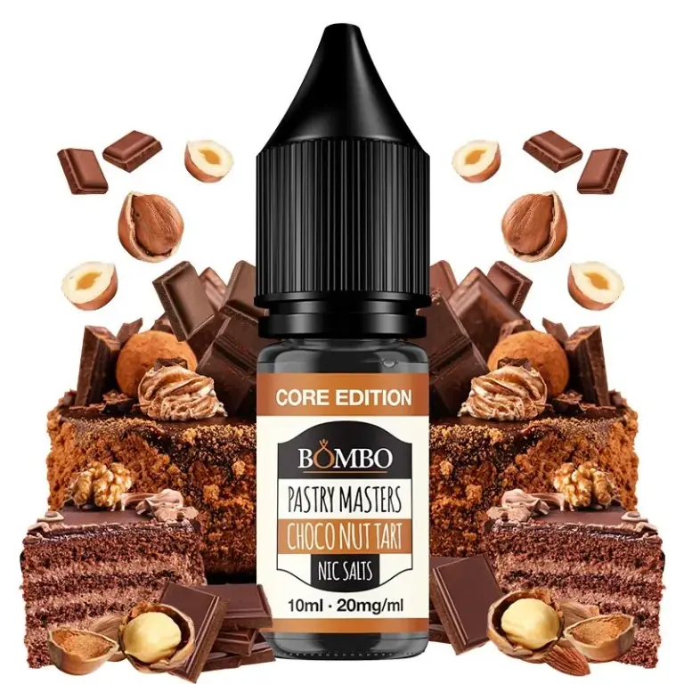 Frasco Bombo Choco Nut Tart Core Edition, etiquetado 10 ml y 20 mg/ml, rodeado de tartas de chocolate, chocolate y avellanas.