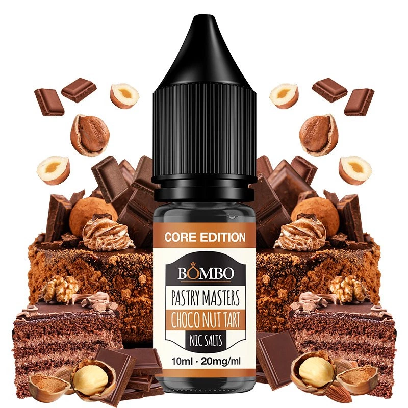 Frasco Bombo Choco Nut Tart Core Edition, etiquetado 10 ml y 20 mg/ml, rodeado de tartas de chocolate, chocolate y avellanas.