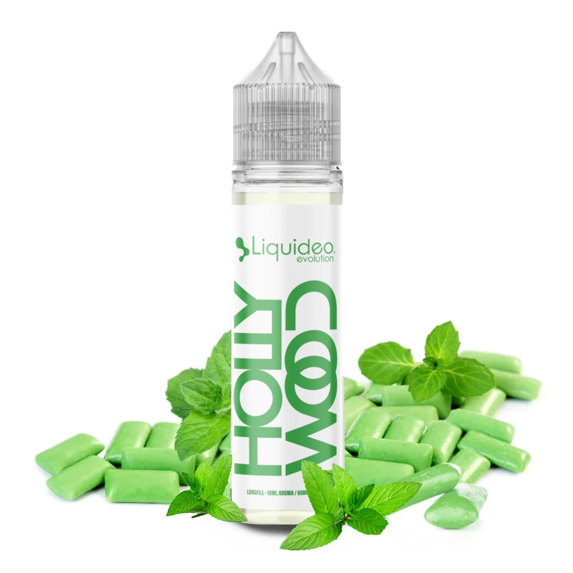 Frasco alargado de Liquideo Evolution Hollywood con tapón transparente y letras verdes, rodeado de chicles verdes y hojas de menta.