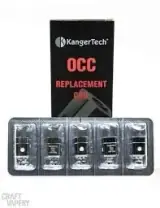 Resistencias KangerTech OCC en un blíster con varias unidades, delante de una caja negra con letras rojas.