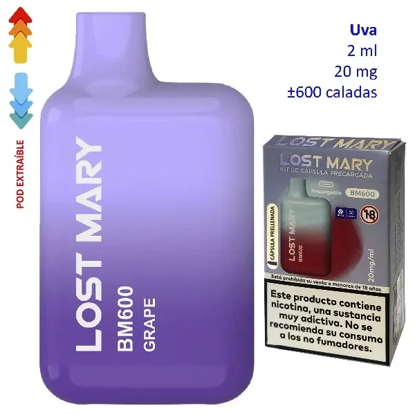 Lost Mary BM600 Grape morado junto a su caja; aparecen las indicaciones de pod extraíble, 2 ml, 20 mg y aproximadamente 600 caladas.