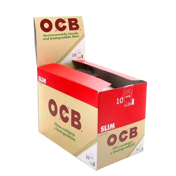 Caja expositora abierta de filtros OCB Slim de 6 mm, en tonos crema y rojo, con la indicación de 10 paquetes de 120 filtros.