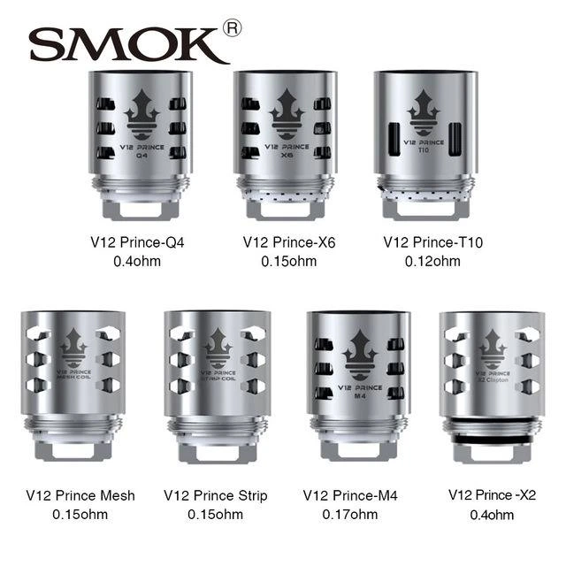 Comparativa de resistencias SMOK V12 Prince Q4, X6, T10, Mesh, Strip, M4 y X2, con sus valores en ohmios sobre fondo blanco.