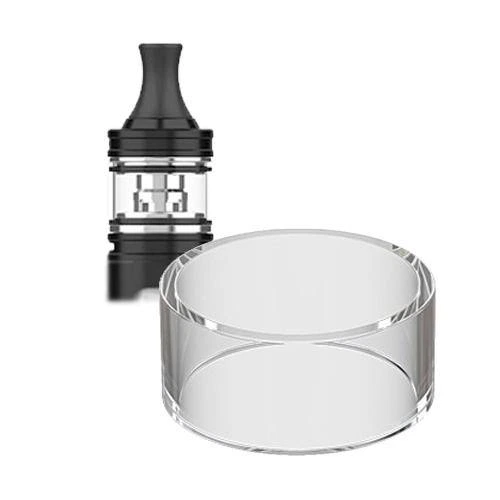 Tubo de cristal transparente de recambio Eleaf iJust Mini en primer plano, con un atomizador negro al fondo.