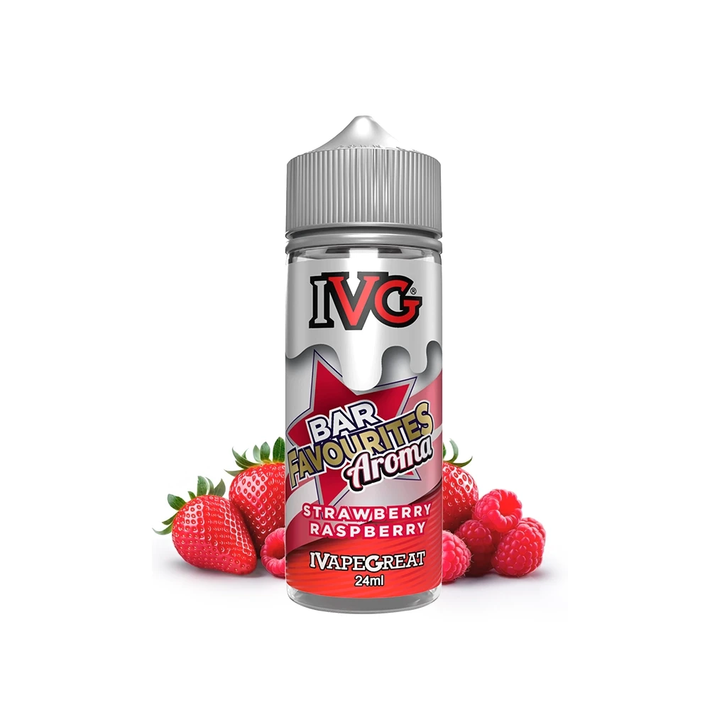 Botella IVG Strawberry Raspberry de 24 ml con tapón gris y etiqueta roja y plateada, rodeada de fresas y frambuesas.